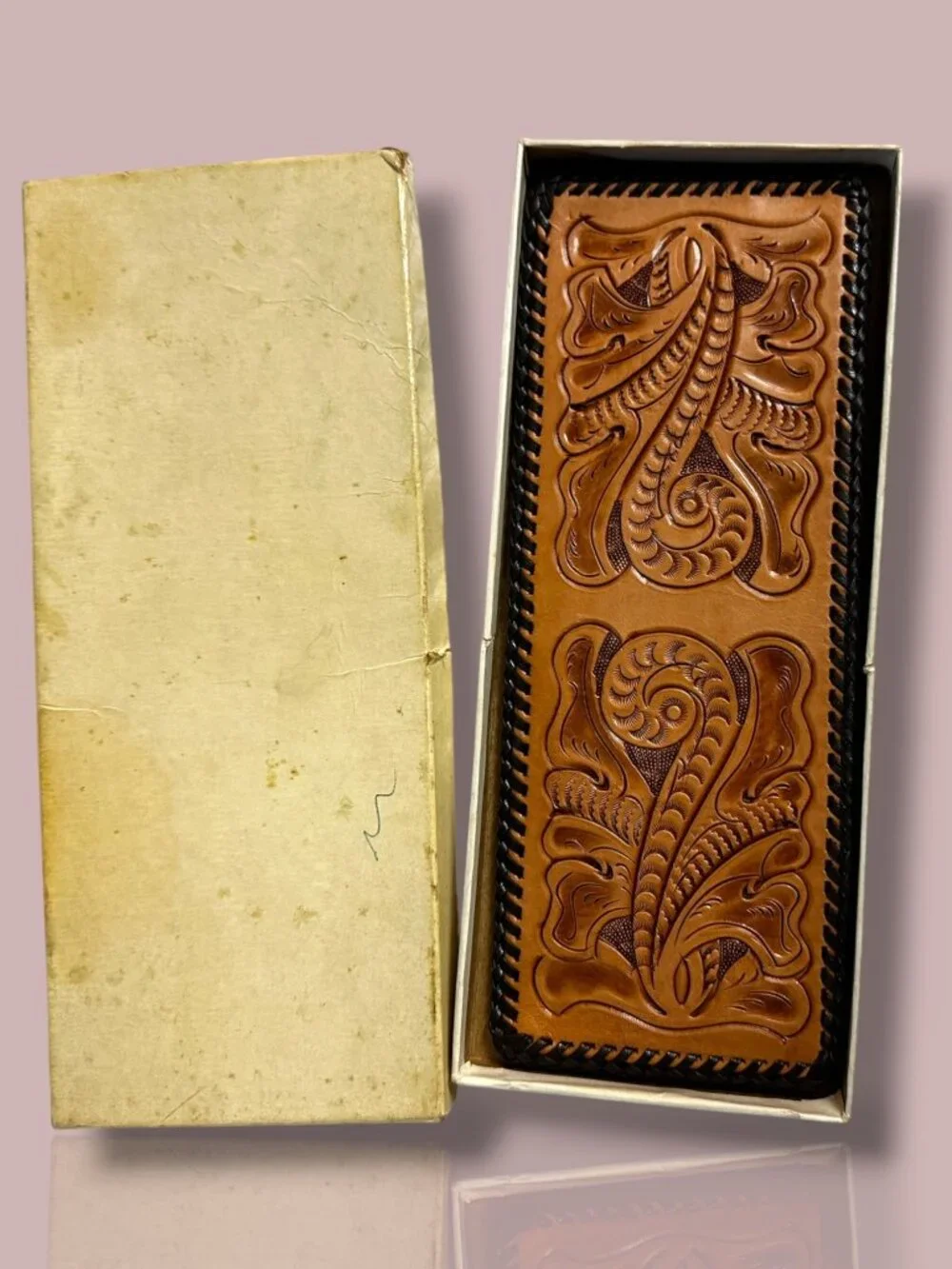 Vintage Hand-Tooled Leather BiFold Wallet With Floral & Scroll Design In NOS Ori